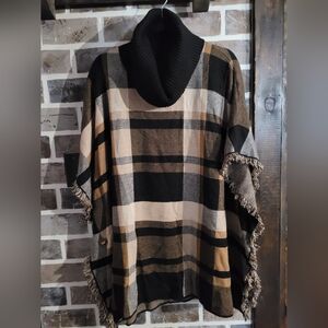 Alison Sheri Black And Tan Plaid Poncho